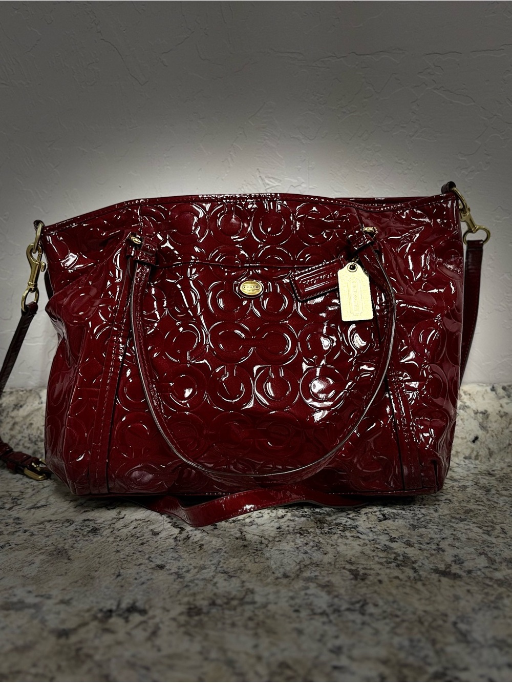 Coach Embossed Patent Leather Tote in Burgundy